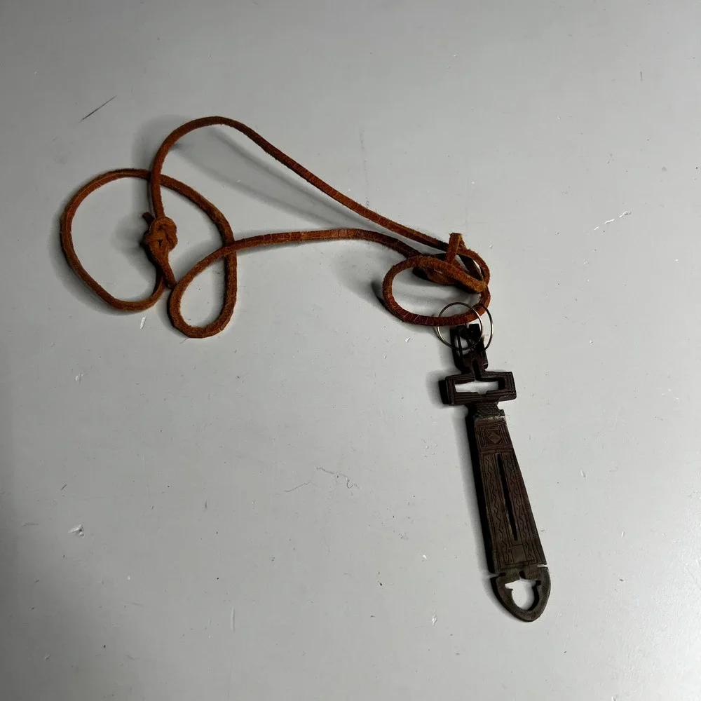 Vintage Tuareg Agadez Cross Pendant Necklace Etched Metal Leather Cord Tribal